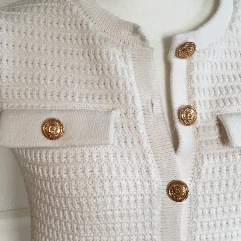 White Sleeveless Knit Button Front Vest with Gold Buttons - Picture 2 of 8